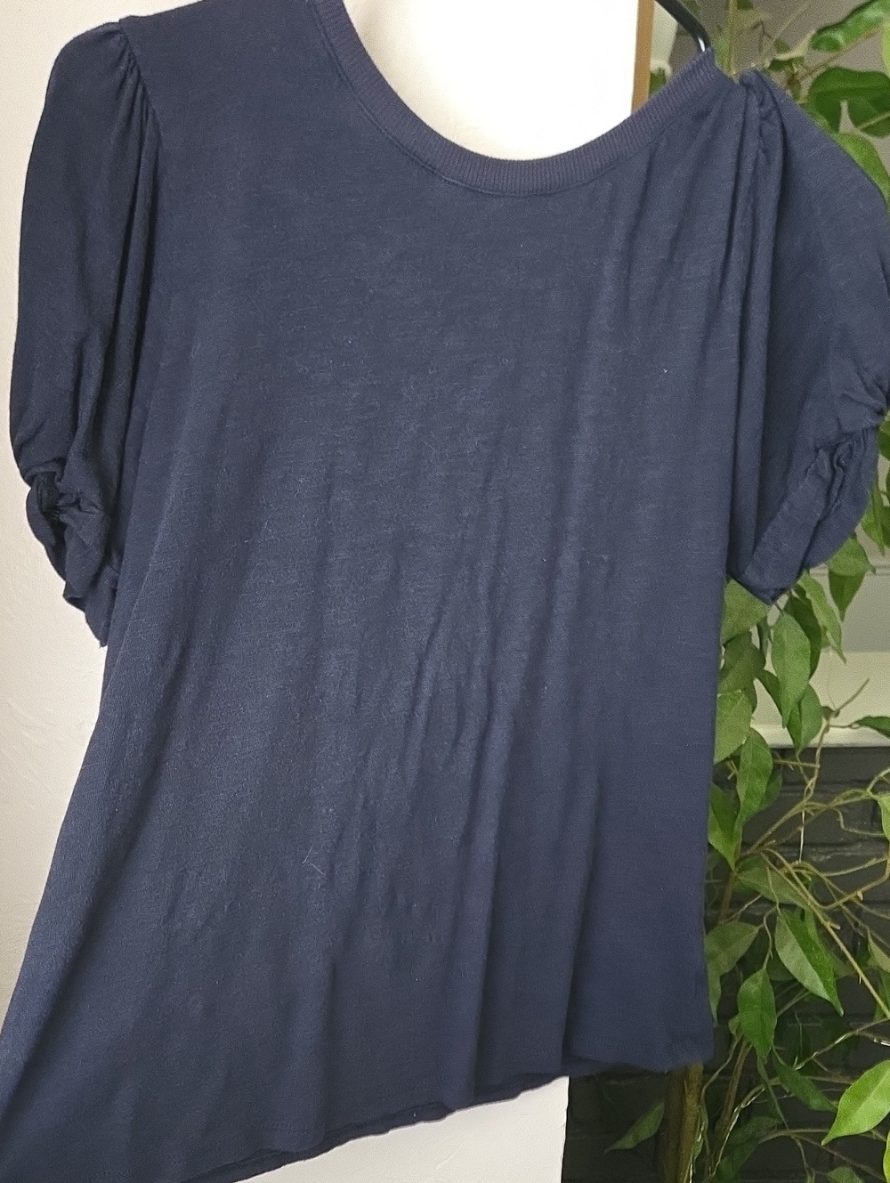 Navy Puff Sleeve Women's Top - Classic Crewneck